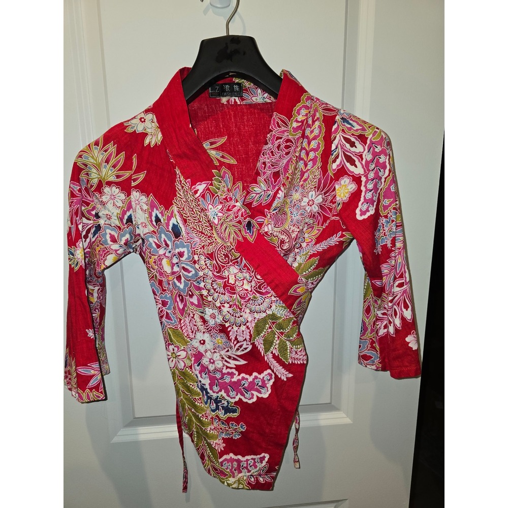 LZ Langzu Fashionco Red Floral Paisley Wrap Kimono Style 3/4 Sleeve Wm XS cotton